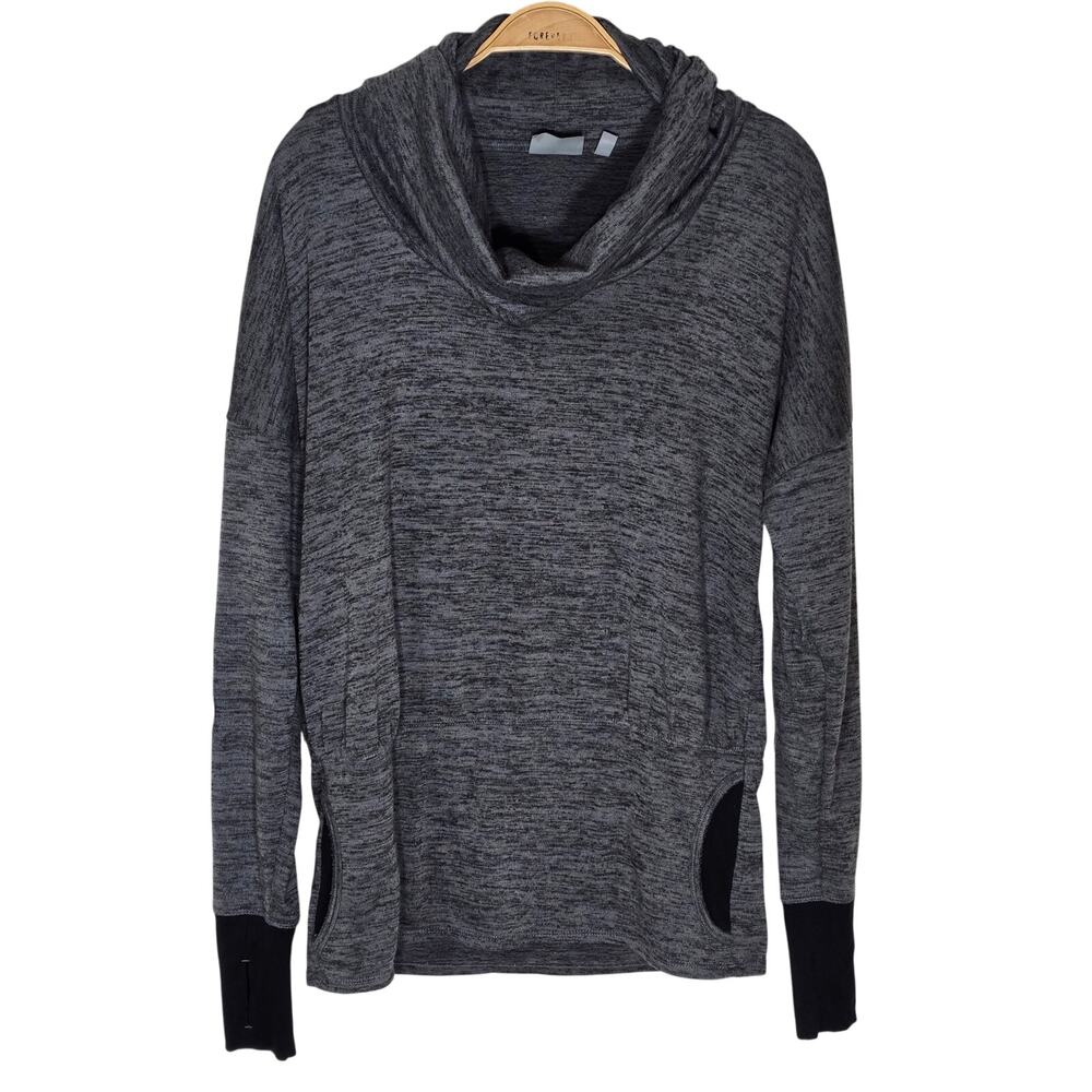 Athleta Cowl Neck Thumbhole Pullover Gray Black Yoga Gym Athletic Pockets Small